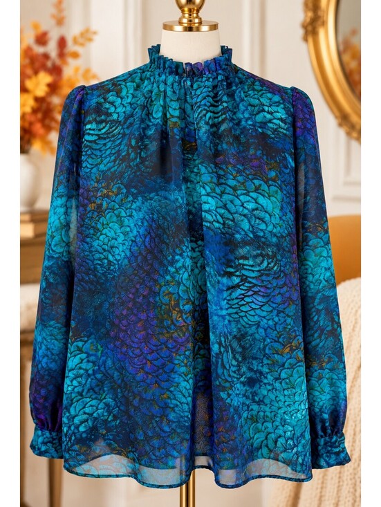 Worthington Teal floral ruffle-neck blouse
